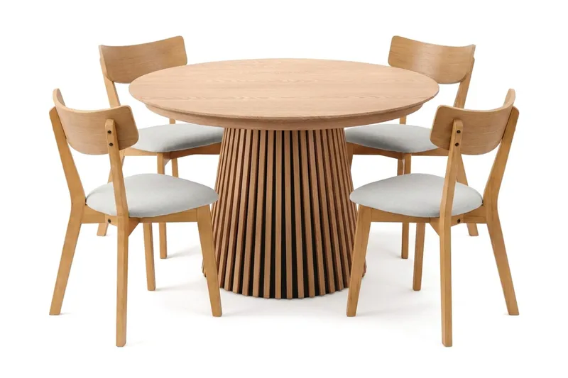 Peyra spisegruppe uttrekkbar rund 120–220 cm i eik med 4 Amelia spisestoler med pute - Eik/beige - Møbler - Bord - Spisegruppe