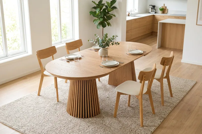 Peyra spisegruppe uttrekkbar rund 120–220 cm i eik med 4 Amelia spisestoler med pute - Eik/beige - Møbler - Bord - Spisegruppe