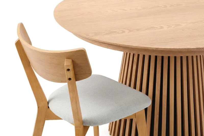 Peyra spisegruppe uttrekkbar rund 120–220 cm i eik med 4 Amelia spisestoler med pute - Eik/beige - Møbler - Bord - Spisegruppe