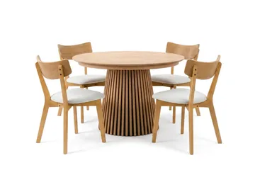 Peyra spisegruppe uttrekkbar rund 120–220 cm i eik med 4 Amelia spisestoler med pute - Eik/beige - Møbler - Bord - Spisegruppe