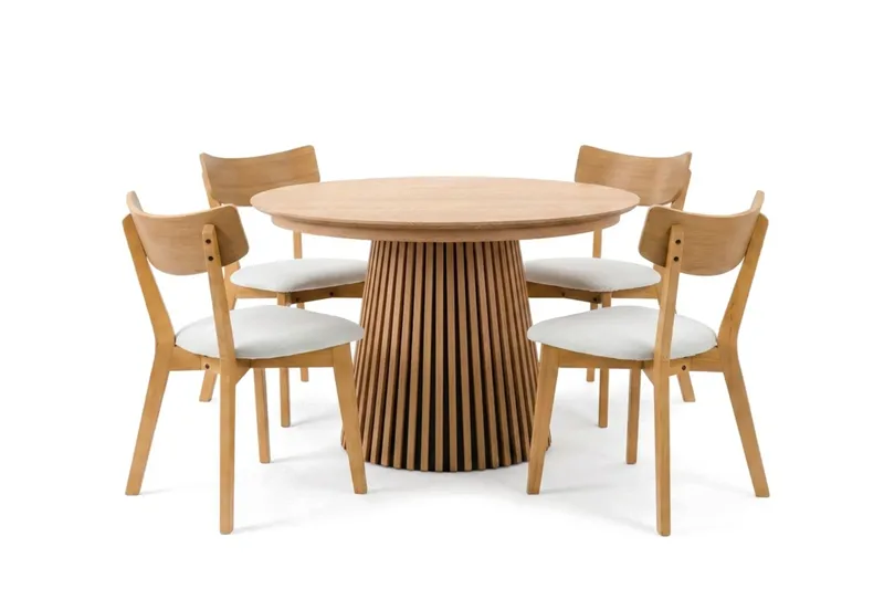 Peyra spisegruppe uttrekkbar rund 120–220 cm i eik med 4 Amelia spisestoler med pute, Eik/beige