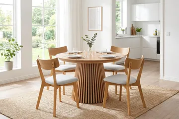 Peyra spisegruppe uttrekkbar rund 120–220 cm i eik med 4 Amelia spisestoler med pute - Eik/beige - Møbler - Bord - Spisegruppe