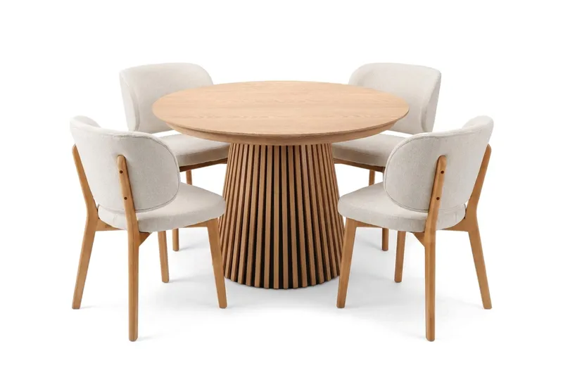Peyra spisegruppe uttrekkbar rund 120–220 cm i eik med 4 Eira spisestoler, Eik