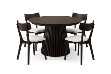 Peyra spisegruppe uttrekkbar rund 120–220 cm i røkt eik med 4 Amelia spisestoler med pute - Røkt eik/beige - Møbler - Bord - Spisegruppe