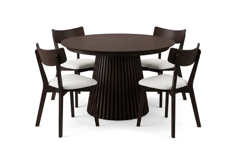Peyra spisegruppe uttrekkbar rund 120–220 cm i røkt eik med 4 Amelia spisestoler med pute - Røkt eik/beige - Møbler - Bord - Spisegruppe