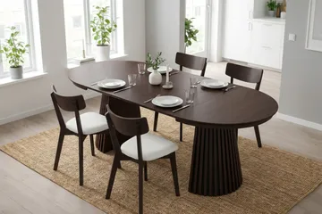 Peyra spisegruppe uttrekkbar rund 120–220 cm i røkt eik med 4 Amelia spisestoler med pute - Røkt eik/beige - Møbler - Bord - Spisegruppe