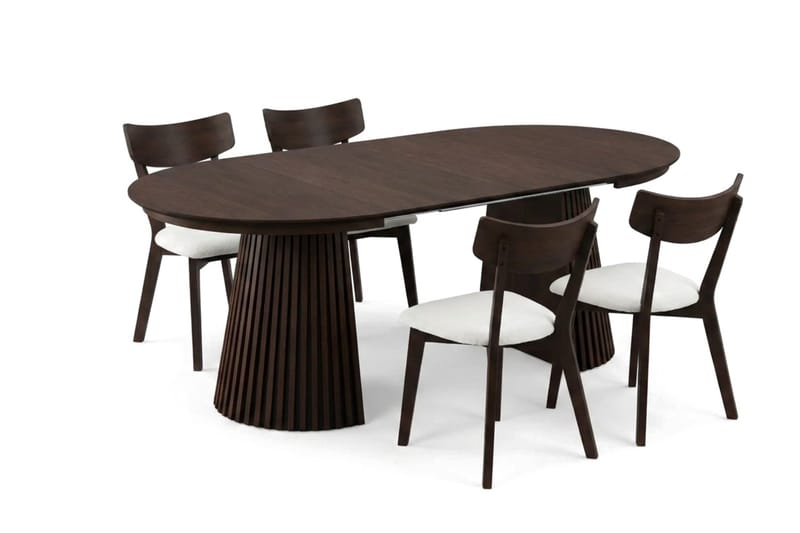 Peyra spisegruppe uttrekkbar rund 120–220 cm i røkt eik med 4 Amelia spisestoler med pute - Røkt eik/beige - Møbler - Bord - Spisegruppe