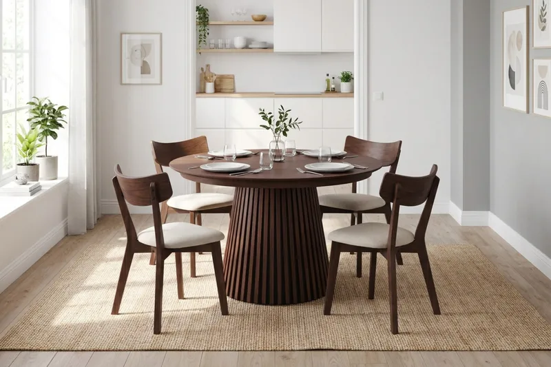 Peyra spisegruppe uttrekkbar rund 120–220 cm i valnøtt med 4 Amelia spisestoler med pute - Valnøtt/Beige - Møbler - Bord - Spisegruppe