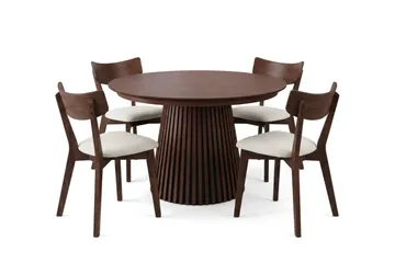 Peyra spisegruppe uttrekkbar rund 120–220 cm i valnøtt med 4 Amelia spisestoler med pute - Valnøtt/Beige - Møbler - Bord - Spisegruppe