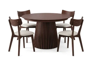 Peyra spisegruppe uttrekkbar rund 120–220 cm i valnøtt med 4 Amelia spisestoler med pute - Valnøtt/Beige - Møbler - Bord - Spisegruppe