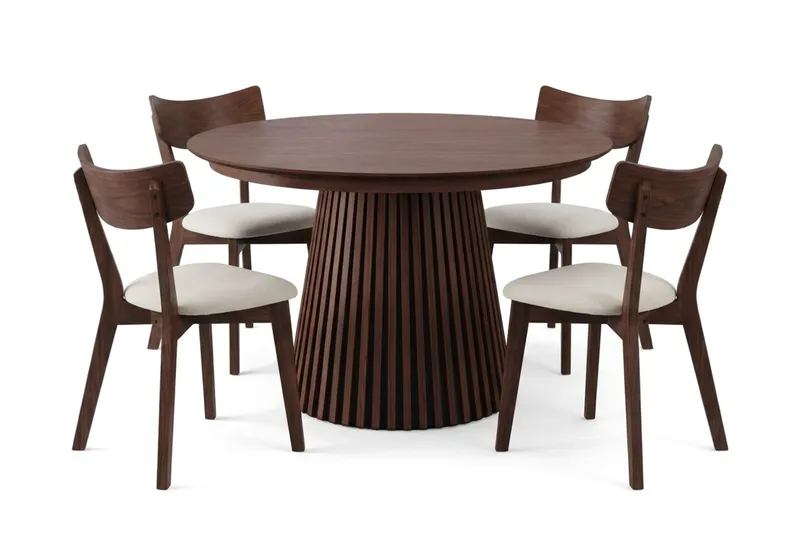 Peyra spisegruppe uttrekkbar rund 120–220 cm i valnøtt med 4 Amelia spisestoler med pute - Valnøtt/Beige - Møbler - Bord - Spisegruppe