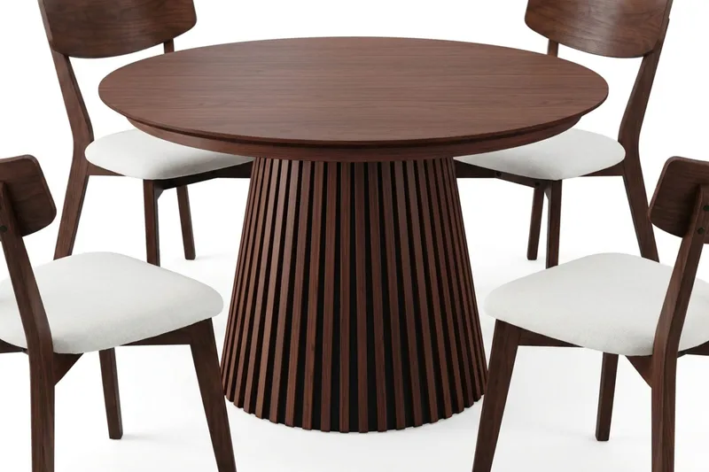 Peyra spisegruppe uttrekkbar rund 120–220 cm i valnøtt med 4 Amelia spisestoler med pute - Valnøtt/Beige - Møbler - Bord - Spisegruppe