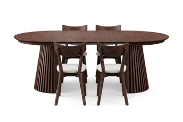 Peyra spisegruppe uttrekkbar rund 120–220 cm i valnøtt med 4 Amelia spisestoler med pute - Valnøtt/Beige - Møbler - Bord - Spisegruppe