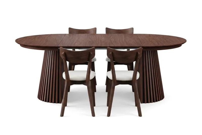 Peyra spisegruppe uttrekkbar rund 120–220 cm i valnøtt med 4 Amelia spisestoler med pute - Valnøtt/Beige - Møbler - Bord - Spisegruppe