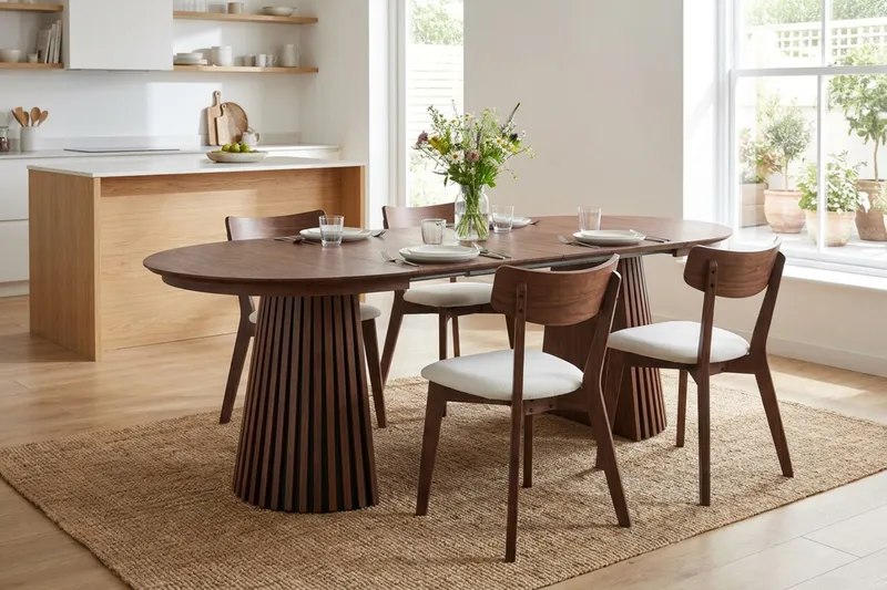 Peyra spisegruppe uttrekkbar rund 120–220 cm i valnøtt med 4 Amelia spisestoler med pute - Valnøtt/Beige - Møbler - Bord - Spisegruppe