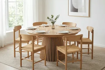 Peyra spisegruppe uttrekkbar rund 140–220 cm eik med 6 Malte spisestoler - Møbler - Bord - Spisegruppe