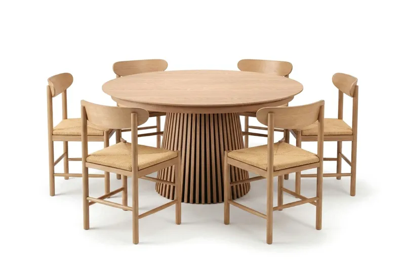 Peyra spisegruppe uttrekkbar rund 140–220 cm eik med 6 Malte spisestoler