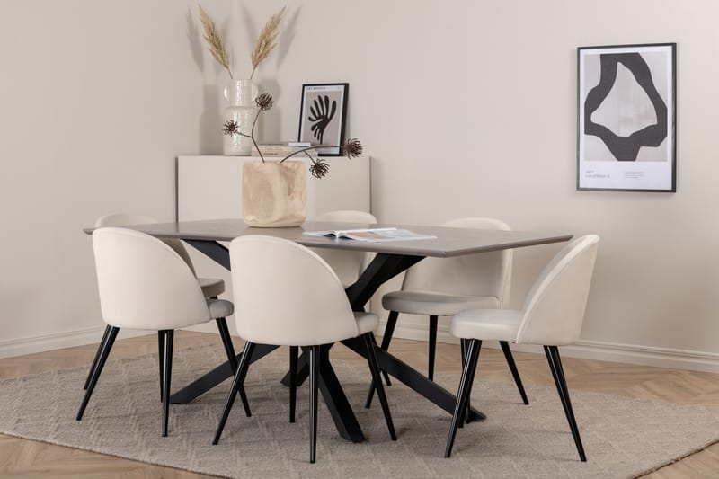 Piazza Spisegruppe 180 cm Rektangulær med 6 Velvet Stoler - Beige - Møbler - Bord - Spisegruppe