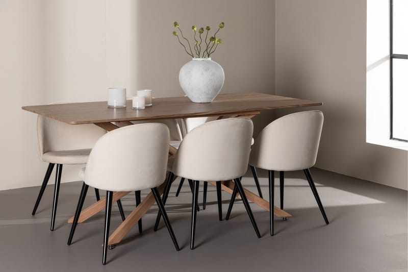 Piazza Spisegruppe 180 cm Rektangulær med 6 Velvet stoler - Mocca/Beige - Møbler - Bord - Spisegruppe