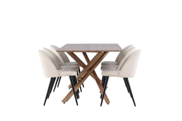 Piazza Spisegruppe 180 cm Rektangulær med 6 Velvet stoler - Mocca/Beige - Møbler - Bord - Spisegruppe