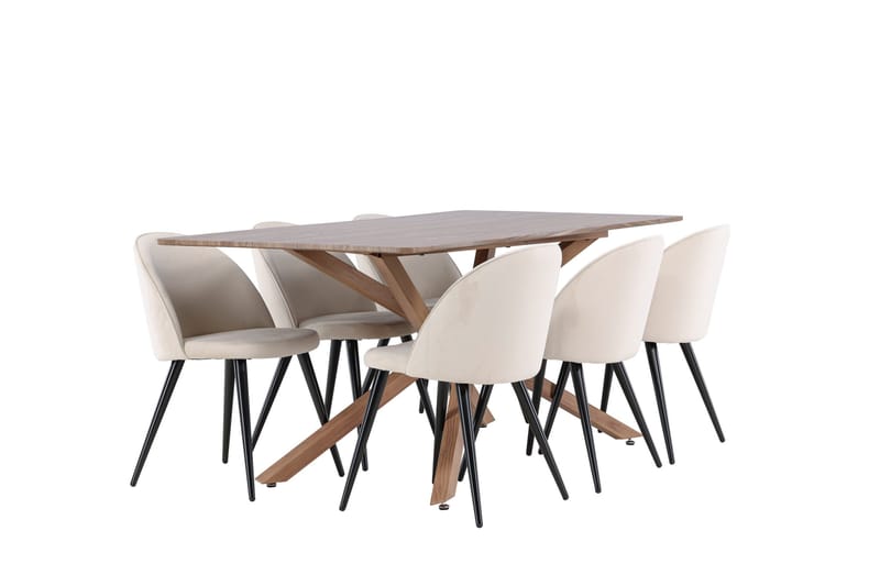 Piazza Spisegruppe 180 cm Rektangulær med 6 Velvet stoler - Mocca/Beige - Møbler - Bord - Spisegruppe