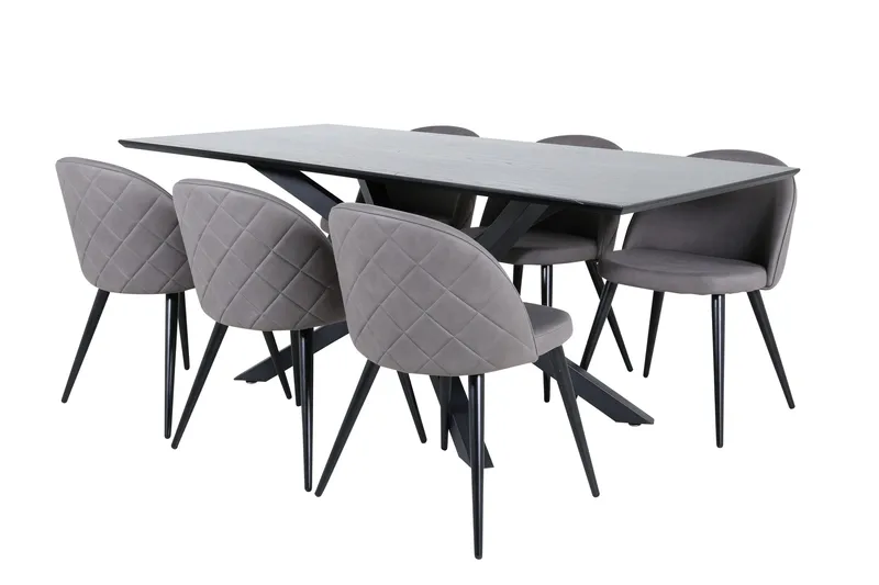 Piazza Spisegruppe 180 cm Rektangulær med 6 Velvet Stoler, Sort