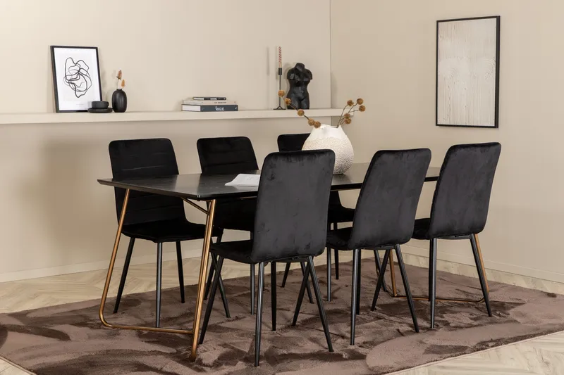 Pipi Spisegruppe 190 cm inkl. 6 Robin Fløyelsstoler, Svart/Kobber