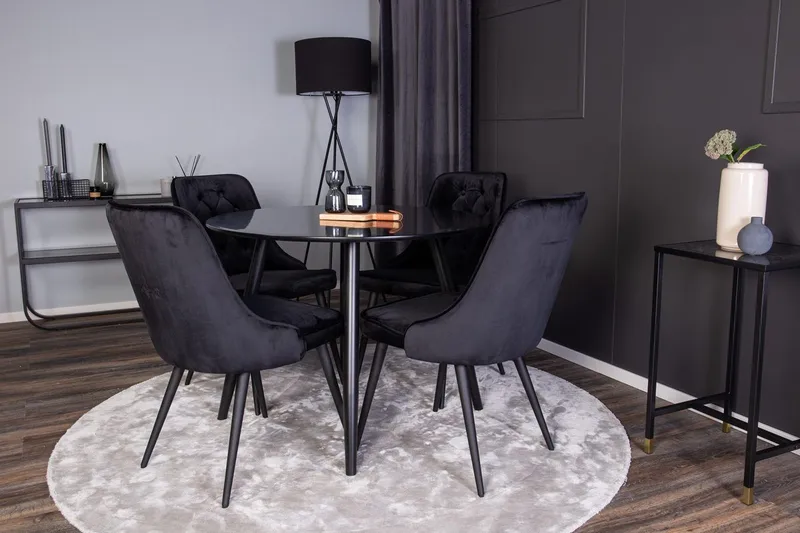 Plaza spisebord 100x100 cm med 4 Velvet Deluxe fløyelsstoler