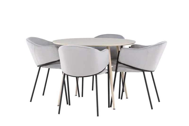 Plaza Spisegruppe 100 cm Rund med 4 Evelina stoler, Whitewash/Grå