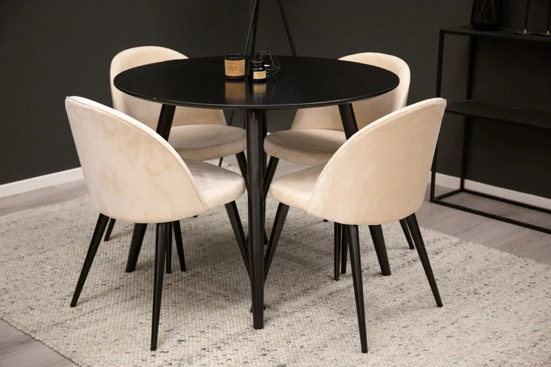 Plaza Spisegruppe 100 cm Rund med 4 Velvet Stoler, Beige