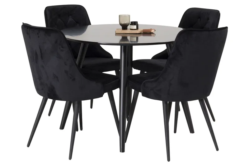 Plaza Spisegruppe 100 cm Rund med 4 Velvet Stoler, Sort