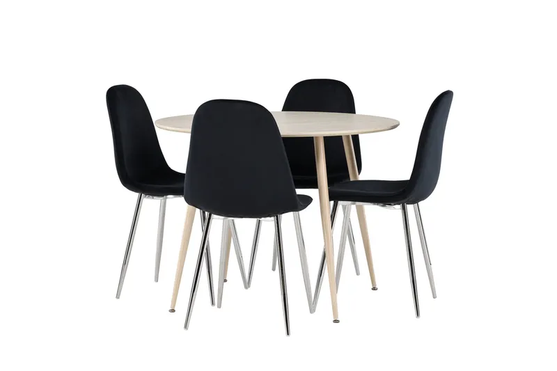 Plaza Spisegruppe 100 cm Rund med 4 Polar stoler, Whitewash/Sort