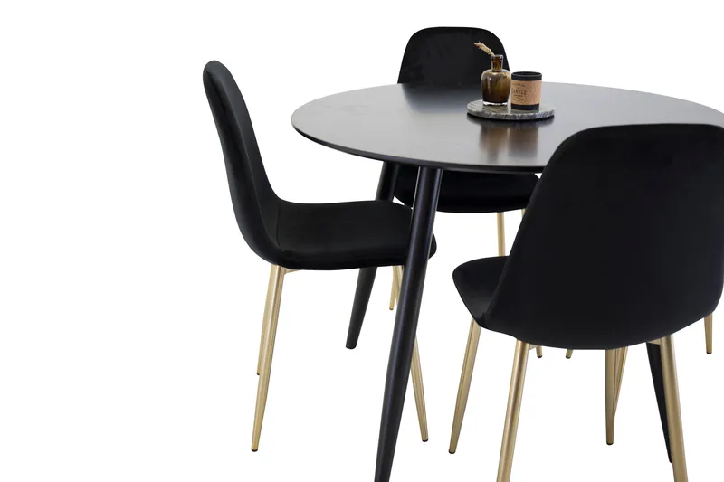 Plaza Spisegruppe 100 cm Rund med 4 Polar Stoler, Sort/Guld
