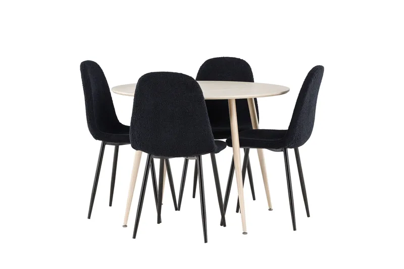 Plaza Spisegruppe 100 cm Rund med 4 Polar stoler, Whitewash/Sort