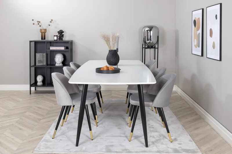 Polar Spisegruppe 240 cm Rektangulær med 6 Velvet Stoler, Sort/Guld