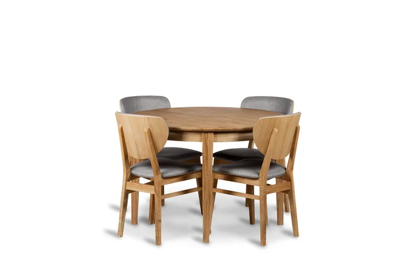 Rønne Uttrekkbar Spisegruppe 110-150 cm Rund med 4 Borgholm Stoler i heltre, Brun/Natur