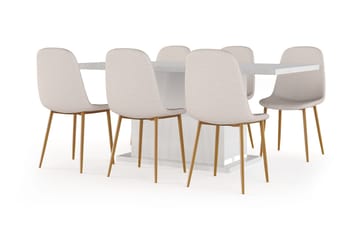 Ratliff Spisebord 180 cm Uttrekkbart med ileggsplate + 6 stk Nibe stol beige med eikeben - Hvit/Beige - Møbler - Bord - Spisegruppe