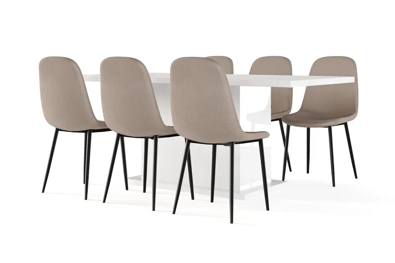 Ratliff Spisebord 180 cm Uttrekkbart med ileggsplate + 6 stk Nibe stol brun med svarte ben, Hvit/Brun