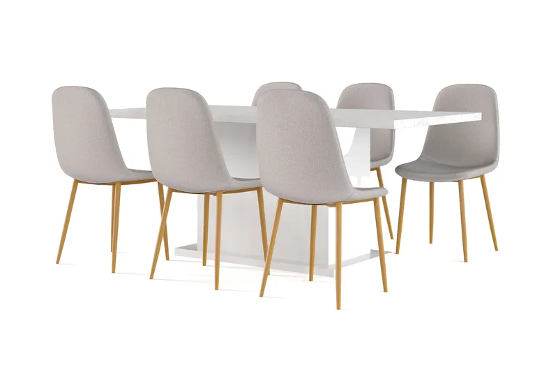 Ratliff Spisebord 180 cm Uttrekkbart med ileggsplate + 6 stk Nibe stol grå med eikeben, Hvit/Grå