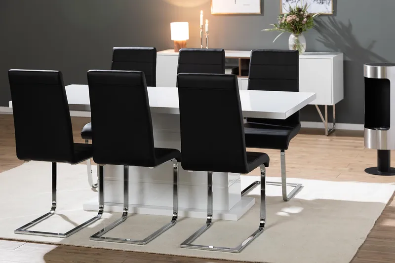 Ratliff Spisegruppe 180 cm + 6 Stoler Utvidbart med Tilleggsplate - Hvit/Svart PU/Krom - Møbler - Bord - Spisegruppe