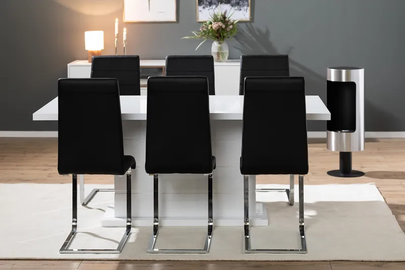 Ratliff Spisegruppe 180 cm + 6 Stoler Utvidbart med Tilleggsplate - Hvit/Svart PU/Krom - Møbler - Bord - Spisegruppe