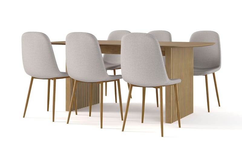 Richeto Spisebord 180 cm eik + 6 stk Nibe stol grå med eikeben, Natur/Grå