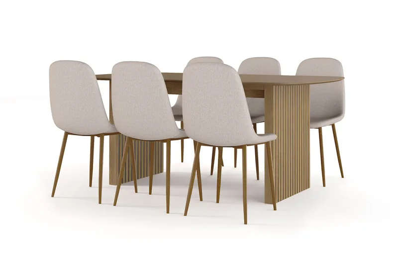 Richeto spisebord 180 cm eik + 6 stk. Nibe stol beige med eikeben, Natur/beige