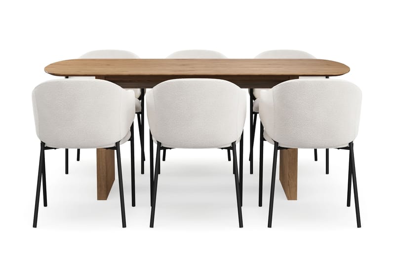 Richeto Spisebord 180 cm med 6 Filip Spisestoler - Naturlig finish / Hvit Bouclé - Møbler - Bord - Spisegruppe