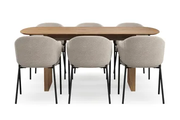 Richeto Spisebord 180 cm med 6 Filip Spisestoler - Naturlig finish / Taupe Bouclé - Møbler - Bord - Spisegruppe