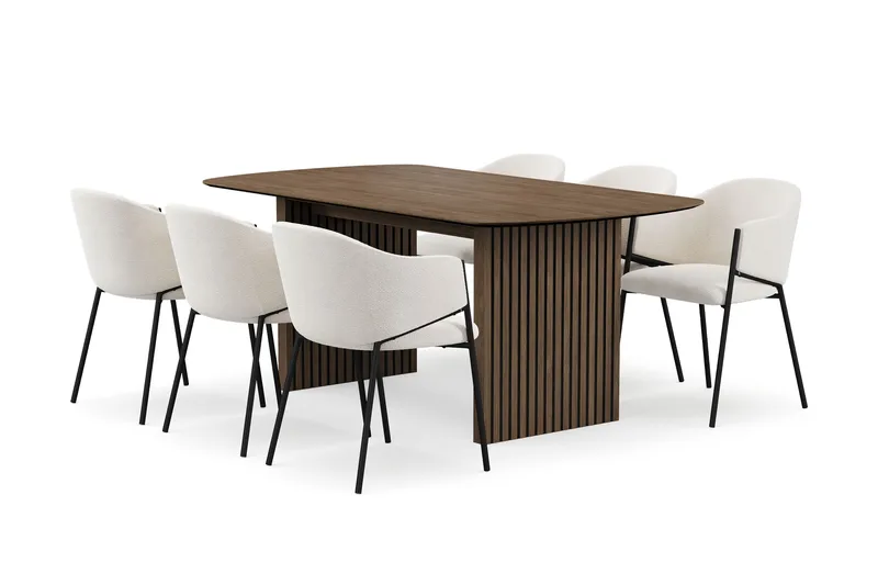 Richeto spisebord 180 cm med 6 Filip spisestoler, Røkt eik / hvit bouclé