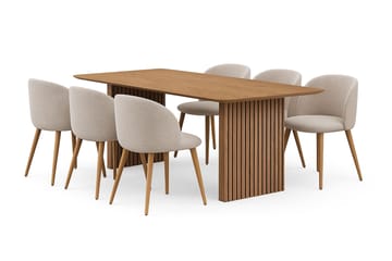 Richeto Spisebord 180 cm med 6 Greya Spisestoler med armlener - Naturlig finish / Greige Bouclé / Metallben Eik - Møbler - Bord - Spisegruppe