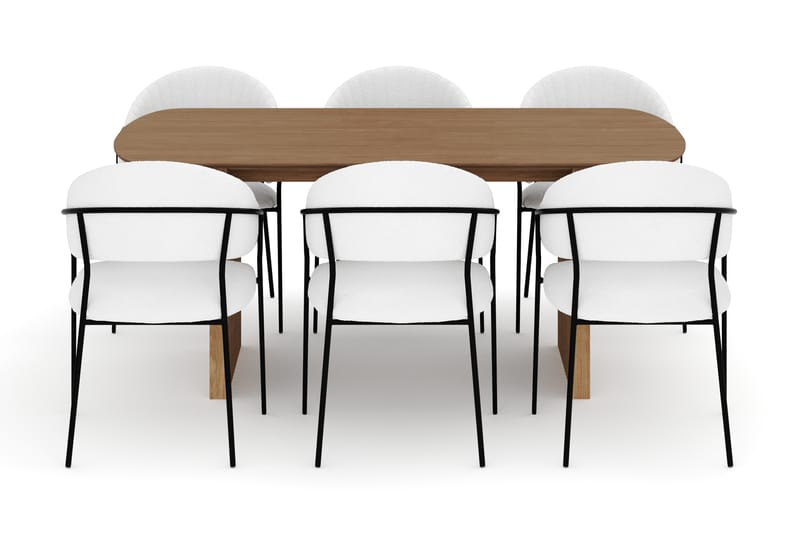 Richeto Spisebord 180 cm med 6 Karol Spisestoler - Naturlig finish / Hvit Bouclé - Møbler - Bord - Spisegruppe