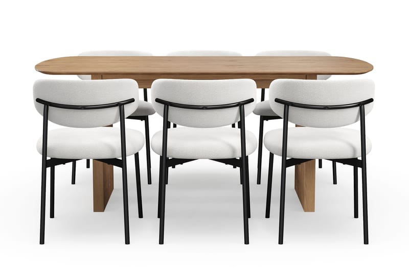 Richeto Spisebord 180 cm med 6 Lucy Spisestoler - Naturlig finish / Hvit Bouclé / Metallben Svart - Møbler - Bord - Spisegruppe