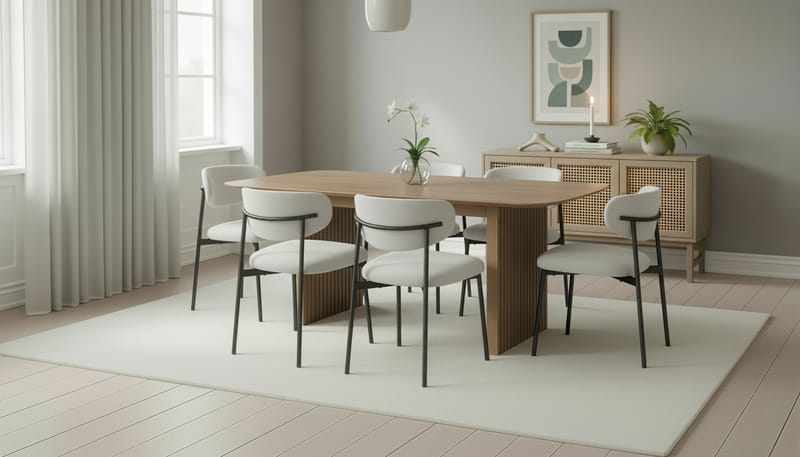 Richeto Spisebord 180 cm med 6 Lucy Spisestoler - Naturlig finish / Hvit Bouclé / Metallben Svart - Møbler - Bord - Spisegruppe